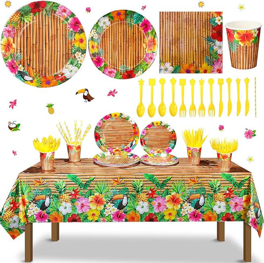 130 Pcs Tiki Party Supplies Sets Hawaiian Party Decor Luau Plates