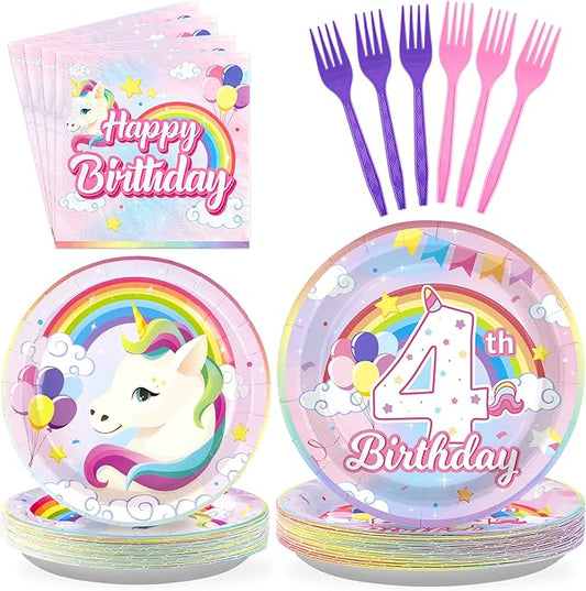 96 Pcs Unicorn 4th Birthday Party Decorations 350 GSM Disposable