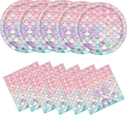 40 Pcs Mermaid Birthday Party Decorations Plates Set for 20 Guests