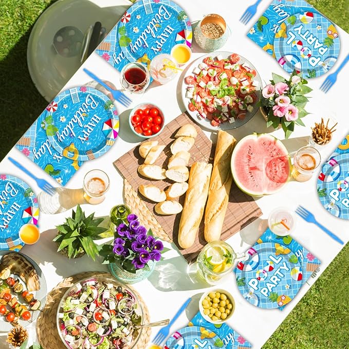 96 Pieces Pool Birthday Party Tableware Set for Summer Beach Table
