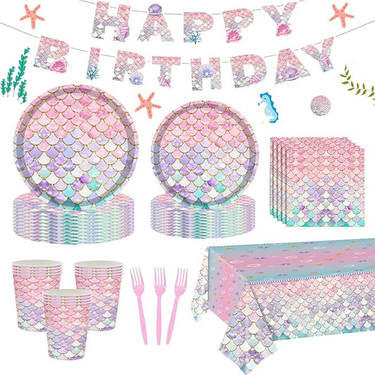 122 Pcs Mermaid Birthday Party Decorations Supplies Includes Plates