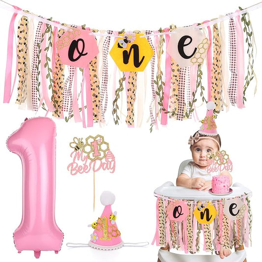 Bee Theme Highchair Banner for Baby First Birthday Party Decorations