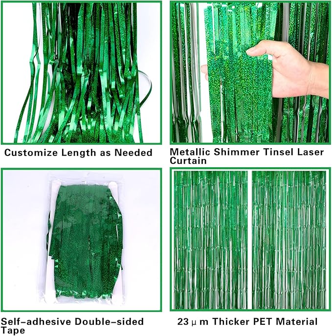 2 Pack 3.2ft x 8.2ft Green Foil Fringe Curtain, Metallic Tinsel Foil