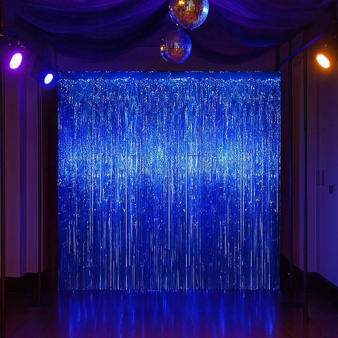 Voircoloria 3 Pack 3.3x8.2 Feet Blue Foil Fringe Backdrop Curtains,