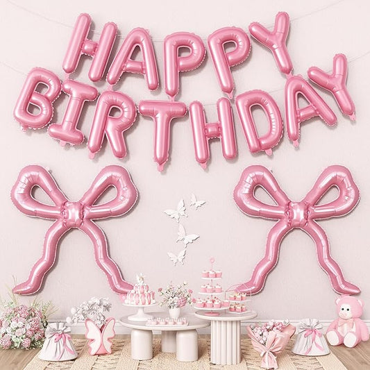 Pink Bow Happy Birthday Balloons Banner, 22 Inch Pearl Pink Bow Foil