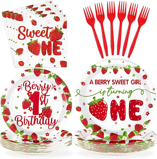 96Pcs Strawberry 1st Birthday Decorations for Girls Berry First