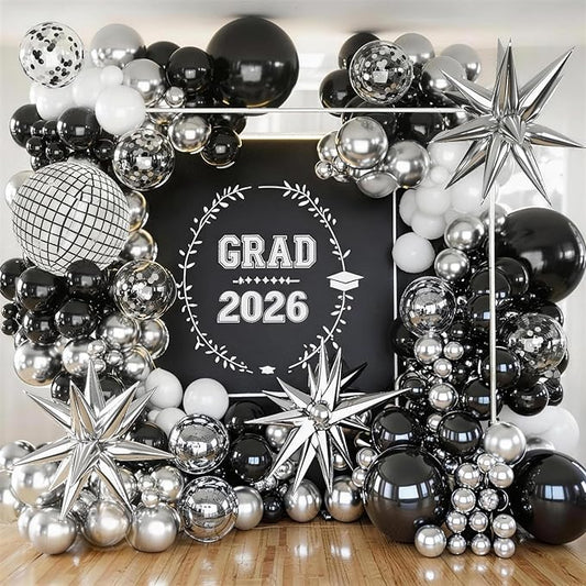 KARLURE Black Silver Balloons Arch Kit, Black Silver White Balloons