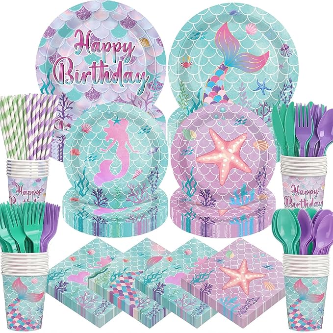 450 Pcs Mermaid Birthday Party Tableware Set Decorations Mermaids