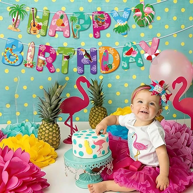 Hawaiian Party Happy Birthday Banner Tropical Luau Birthday Banner