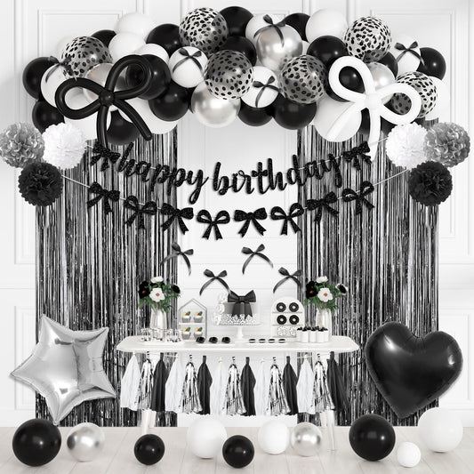 Black Bow Birthday Party Decorations, Coquette Bow Black and White