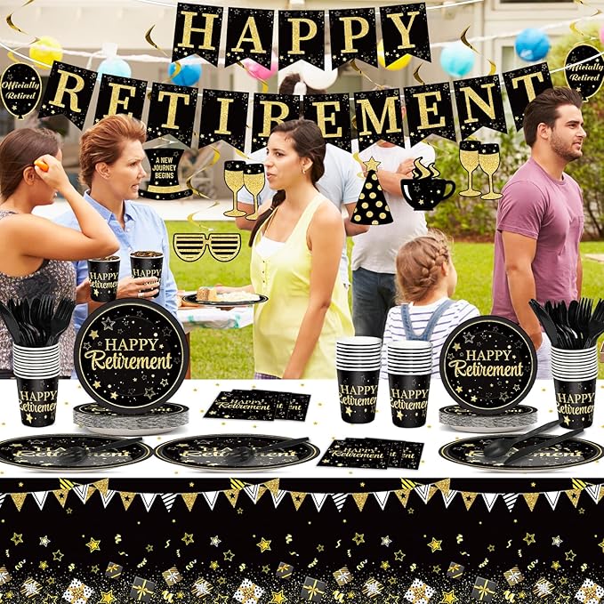 184pcs Happy Retirement Party Supplies Black Gold Happy Retirement