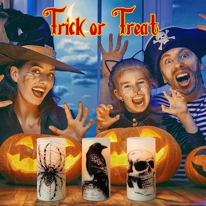 Halloween Flameless Candles with Skull Spider Web Crow Raven Decal