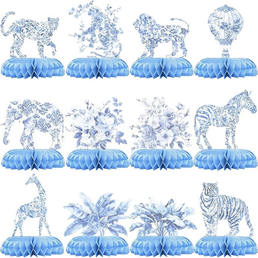 Blue Toile de Jouy Safari Baby Shower Centerpieces – 12 PCS Blue &