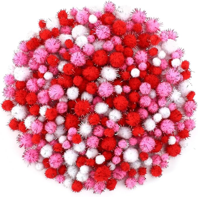 Valentine's Day Pom Poms Balls 600 Pieces Pink Red Glitter Pom Poms