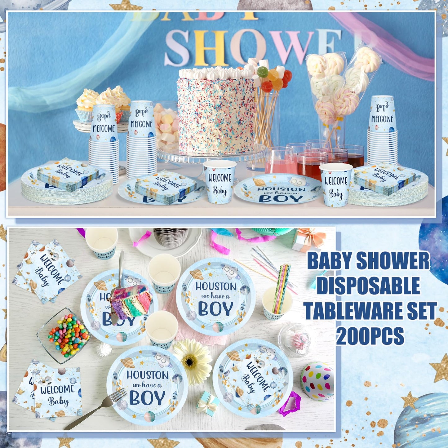 Hushee 200 Pcs Outer Space Baby Shower Paper Plates Napkins Cups Baby