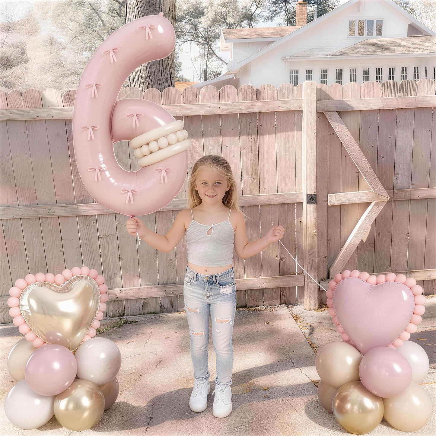 40 Inch Number 6 Balloon Pink, Dusty Blush Pink Gold White Sand
