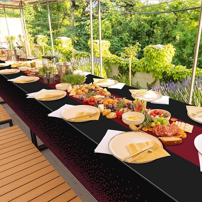1Pcs Black and Maroon Tablecloth Party Decorations,Plastic Black