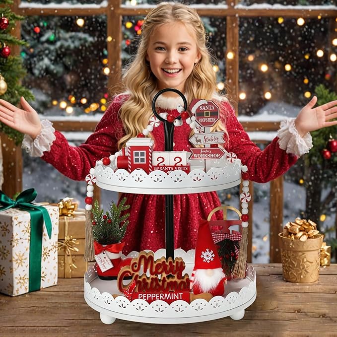 Christmas Decorations 8 PCS Tiered Tray Decor Set Cute Tabletop