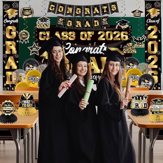 Graduation Decorations Class of 2026 Black and Gold Party Decor Set