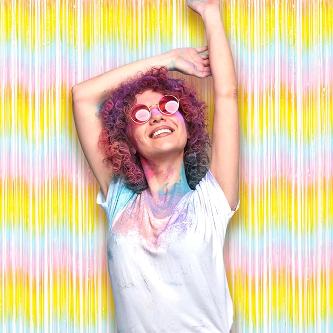 Voircoloria 3 Pack 3.3 x 8.2 ft Pastel Rainbow Foil Fringe Backdrop