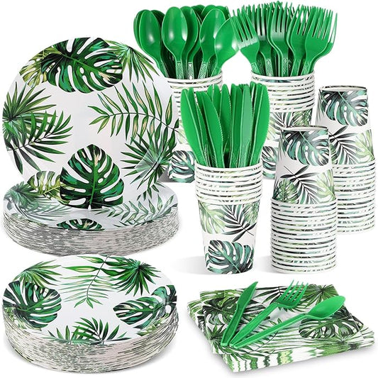 350 Pcs Luau Party Supplies Hawaiian Tropical Palm Leaves Tableware
