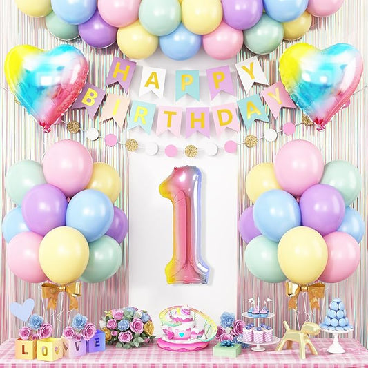 1st Birthday Decorations Rainbow Gradient Number 1 Balloon Pastel