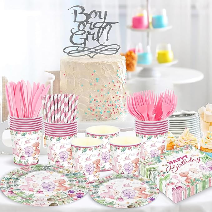 168PCS Dinosaur Party Supllies for Girls Pink Cartoon Dino Birthday