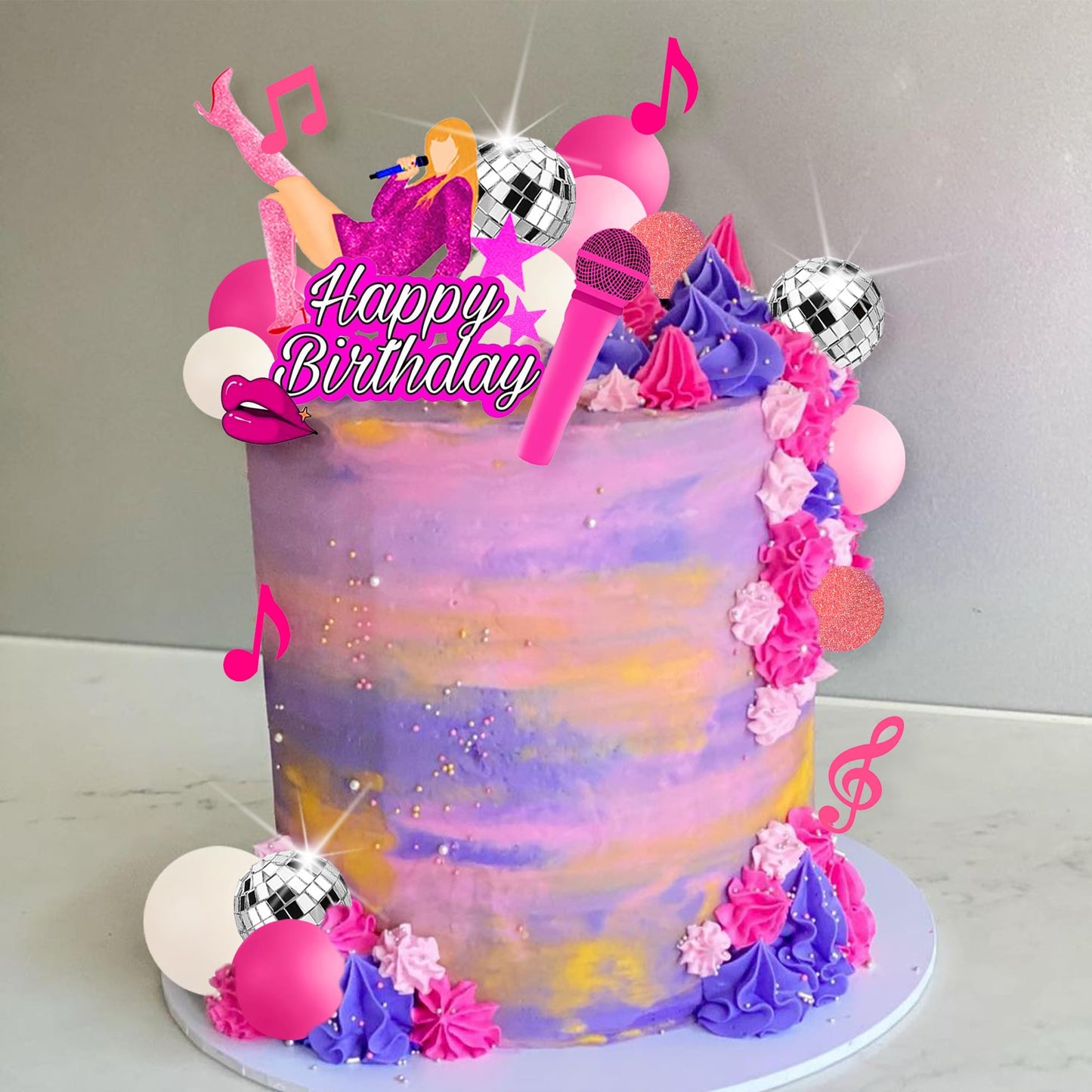 26 PCS Music Cake Toppers Pink Birthday Cake Topper and Disco Cake