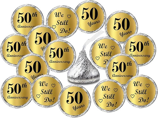 Gold Foil 50th Anniversary Kisses Stickers, (Set of 216) Chocolate