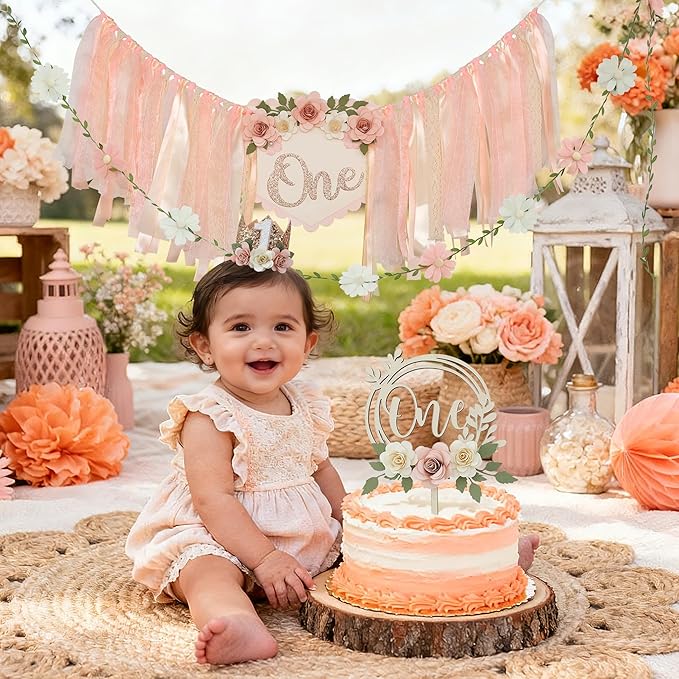 First Birthday Decorations for Girl Light Pink High Chair Banner One