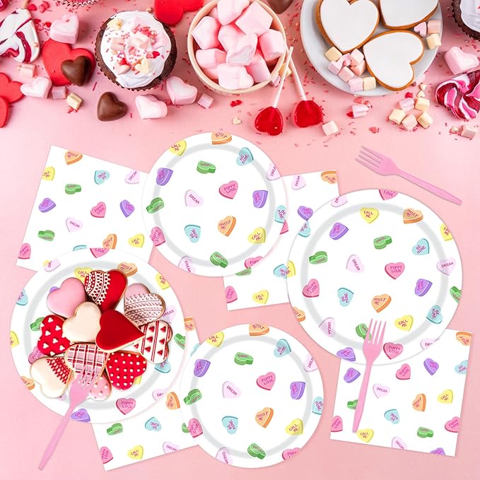 96Pcs Valentines Day Paper Tableware Set Conversation Hearts Party