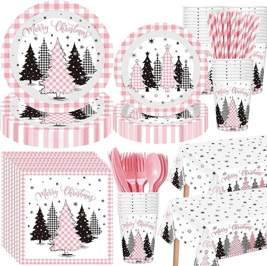 452 Pcs Pink Christmas Party Decoration for 50 Buffalo Plaid Gingham