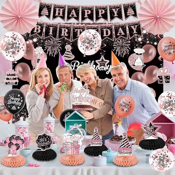 Rose Gold Birthday Decorations for Women 37Pcs Happy Queen Party Kit