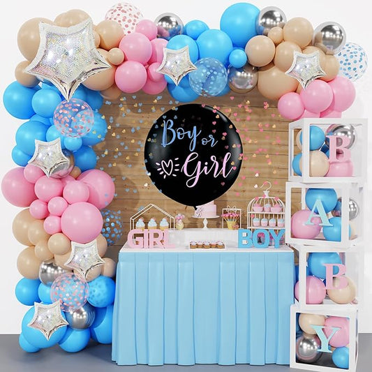 164PCS Baby Boxes Gender Reveal Balloon Decorations Pink and Blue