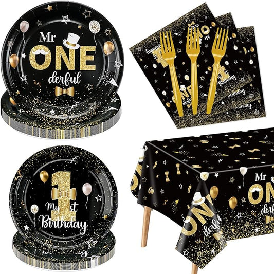 Mr Onederful Birthday Decorations Black Gold Party Plates Napkins