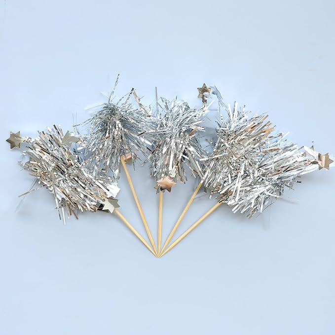 Gyufise 30Pcs Foil Firework Cupcake Toppers Sparkle Tinsel Star Cake
