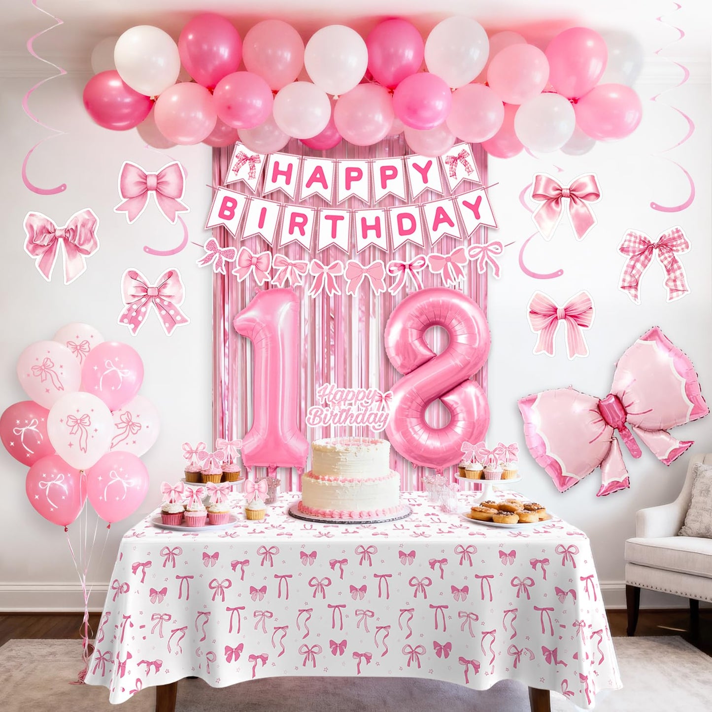 18th Pink Birthday Decorations for Girls, Pink Bow Coquette Birthday