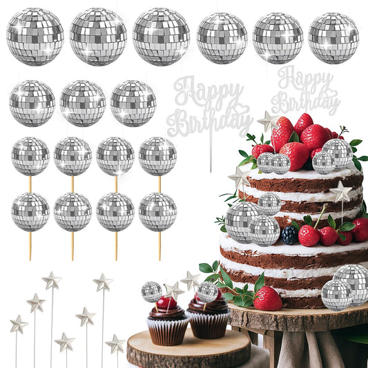 28 Pcs Disco Ball Cake Topper Retro 1970s Disco Ball Cupcake Toppers