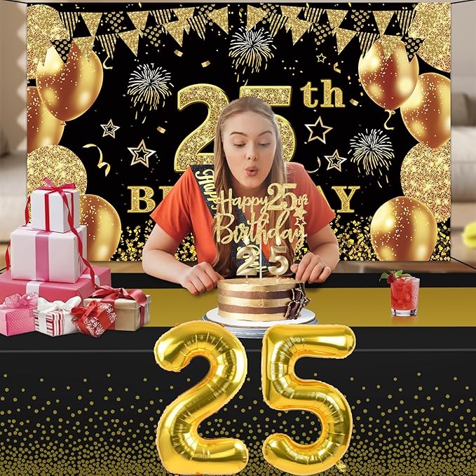 25th Birthday Decorations Men Women with 25th Birthday Banner Black