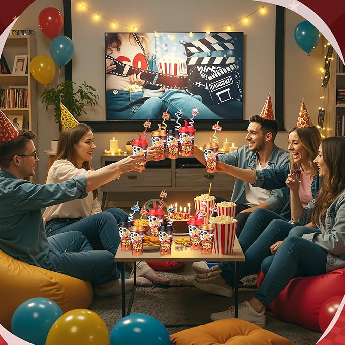 16 Sets Movie Night Party Favors Goodie Cups with Lids and Straws