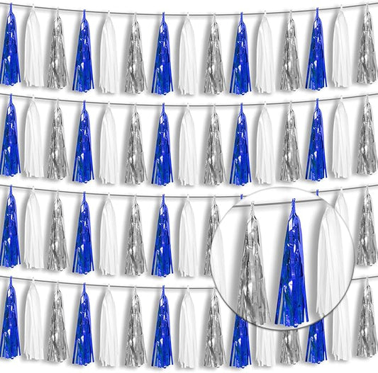 4P Navy Blue White Silver Foil Fringe Tassel Banner Garland Metallic