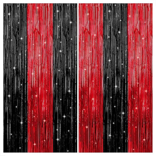 Red and Black Fringe Curtain - 6.4x8 Ft Pack of 2 | Red