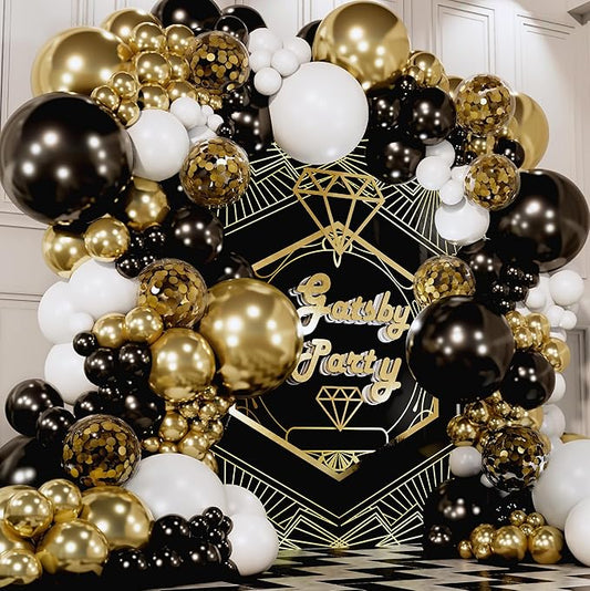 ALL-IN-1 Black White Gold Balloons Garland Kit & Arch – Small and