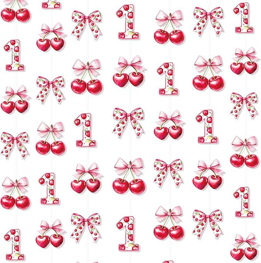 Cherry 1st Birthday Decorations Sweet Floral Cherries Pink Bow