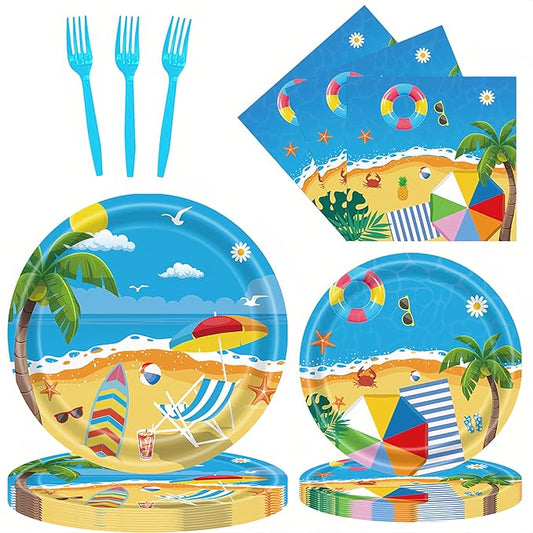 96 Pcs Summer Beach Plates and Napkins Beach Theme Decorations