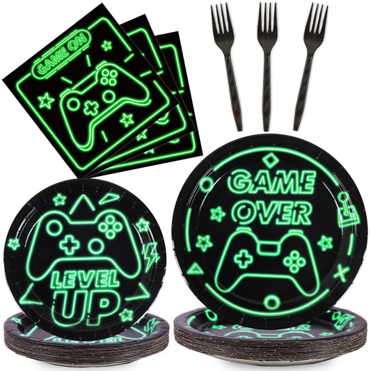 96pcs Video Game Party Supplies Tableware Set Neon Game On Paper