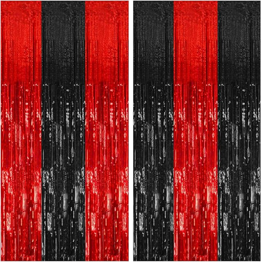 2 Pack Black and Red Backdrop Party Decorations Tinsel Curtain