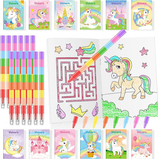 24 Unicorn Mini Coloring Books Kids with 24 Stacking Crayons Rainbow