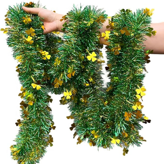 St Patrick Day Tinsel Garland 50 FT Green Gold Fringe Garlands with