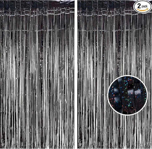 BRAVESHINE Black Party Foil Fringe Curtains - 2 Pack Metallic Tinsel